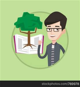 Happy caucasian student standing on the background of tree growing from open book. Cheerful student pointing at tree of knowledge. Vector flat design illustration in the circle isolated on background.. Student pointing at tree of knowledge.