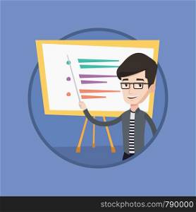 Happy caucasian teacher or student holding pointer. Young teacher with a pointer standing in front of board. Concept of education. Vector flat design illustration in the circle isolated on background.. Teacher or student standing in front of board.