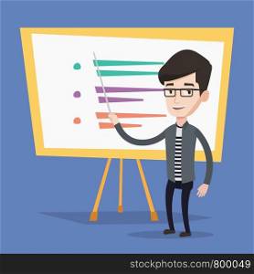 Happy caucasian teacher or student standing in front of board. Young smiling male teacher with a pointer standing in classroom. Concept of education. Vector flat design illustration. Square layout.. Teacher or student standing in front of board.