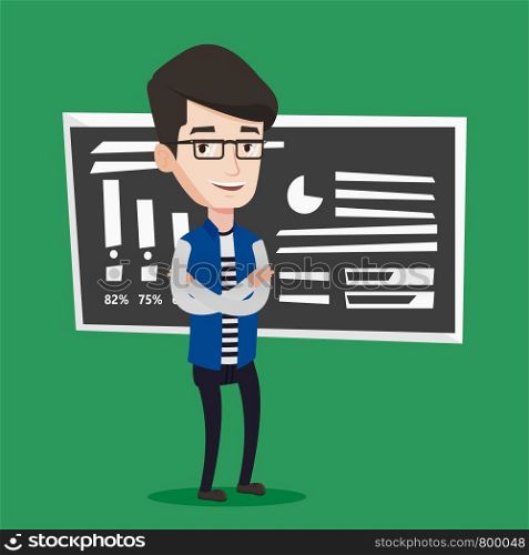 Happy caucasian teacher or student standing in front of chalkboard. Young smiling teacher with folded arms standing in classroom. Concept of education. Vector flat design illustration. Square layout.. Teacher or student standing in front of chalkboard