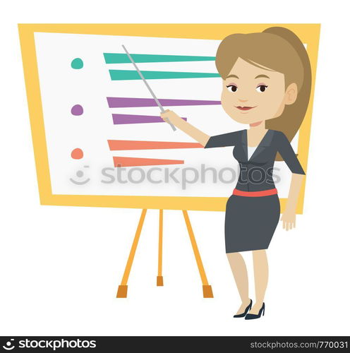 Happy caucasian teacher standing in front of board with a pointer. Teacher standing with pointer in classroom. Young teacher with pointer. Vector flat design illustration isolated on white background.. Teacher or student standing in front of board.