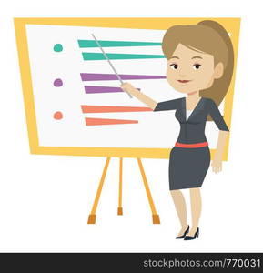 Happy caucasian teacher standing in front of board with a pointer. Teacher standing with pointer in classroom. Young teacher with pointer. Vector flat design illustration isolated on white background.. Teacher or student standing in front of board.