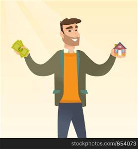 Happy caucasian wman holding money and model of house in hands. Young glad hipster man got loan for buying a house. Concept of real estate loan. Vector flat design illustration. Square layout.. Caucasian man buying house thanks to loan.