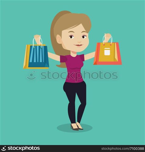 Happy caucasian woman carrying shopping bags. Smiling woman holding shopping bags. Girl standing with a lot of shopping bags. Girl showing her purchases. Vector flat design illustration. Square layout. Happy woman holding shopping bags.