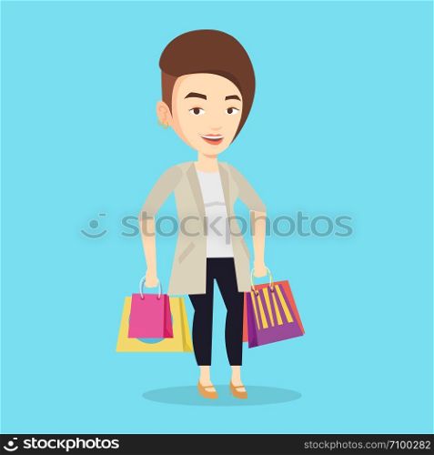 Happy caucasian woman carrying shopping bags. Young smiling woman holding shopping bags. Woman standing with a lot of shopping bags. Vector flat design illustration. Square layout.. Happy woman with shopping bags vector illustration