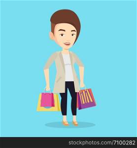 Happy caucasian woman carrying shopping bags. Young smiling woman holding shopping bags. Woman standing with a lot of shopping bags. Vector flat design illustration. Square layout.. Happy woman with shopping bags vector illustration