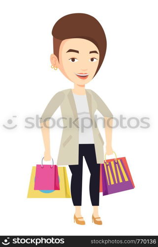 Happy caucasian woman carrying shopping bags. Young smiling woman holding shopping bags. Woman standing with a lot of shopping bags. Vector flat design illustration isolated on white background.. Happy woman with shopping bags vector illustration