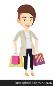 Happy caucasian woman carrying shopping bags. Young smiling woman holding shopping bags. Woman standing with a lot of shopping bags. Vector flat design illustration isolated on white background.. Happy woman with shopping bags vector illustration