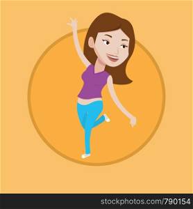 Happy caucasian woman dancing. Cheerful smiling female dancer during dance workout. Young sporty woman doing dance moves. Vector flat design illustration in the circle isolated on background.. Cheerful caucasian woman dancer dancing.