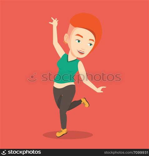Happy caucasian woman dancing. Cheerful woman dancer with arm raised in motion. Smiling woman during dance workout. Vector flat design illustration. Square layout. Cheerful caucasian woman dancer dancing.