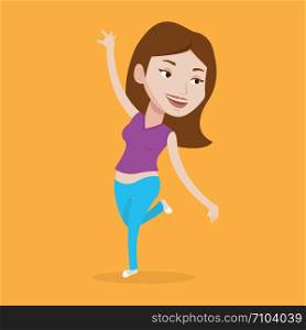 Happy caucasian woman dancing. Cheerful woman dancer with arm raised in motion. Smiling woman during dance workout. Young sporty woman doing dance moves. Vector flat design illustration. Square layout. Cheerful caucasian woman dancer dancing.