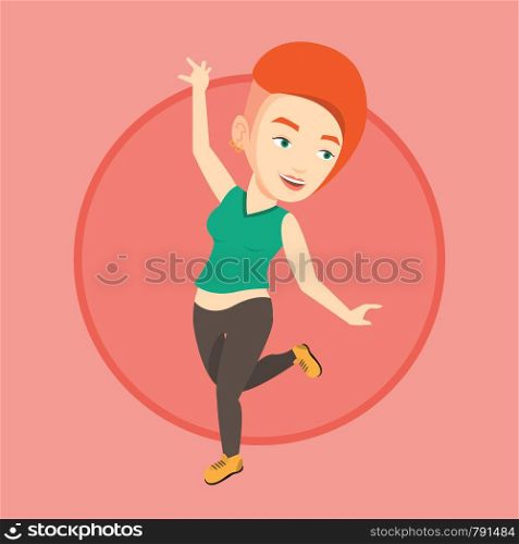 Happy caucasian woman dancing. Cheerful woman dancer with arm raised in motion. Smiling woman during dance workout. Vector flat design illustration in the circle isolated on background.. Cheerful caucasian woman dancer dancing.
