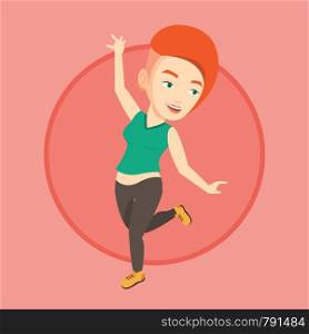 Happy caucasian woman dancing. Cheerful woman dancer with arm raised in motion. Smiling woman during dance workout. Vector flat design illustration in the circle isolated on background.. Cheerful caucasian woman dancer dancing.