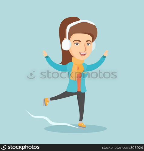 Happy caucasian woman ice skating. Young smiling woman ice skating outdoors. Excited woman posing at a skating rink. Concept of winter leisure activities. Vector cartoon illustration. Square layout.. Young caucasian woman ice skating.