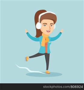 Happy caucasian woman ice skating. Young smiling woman ice skating outdoors. Excited woman posing at a skating rink. Concept of winter leisure activities. Vector cartoon illustration. Square layout.. Young caucasian woman ice skating.