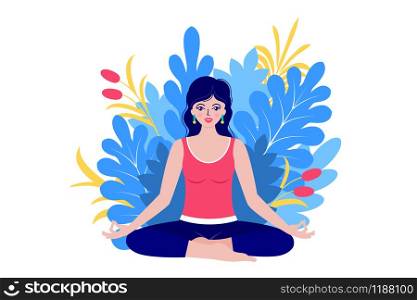 Happy caucasian woman meditates sitting on nature. Yoga concept.