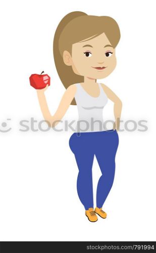 Happy caucasian woman on a diet. Slim woman in oversized pants showing the results of her diet. Concept of dieting and healthy lifestyle. Vector flat design illustration isolated on white background.. Slim woman in pants showing results of her diet.