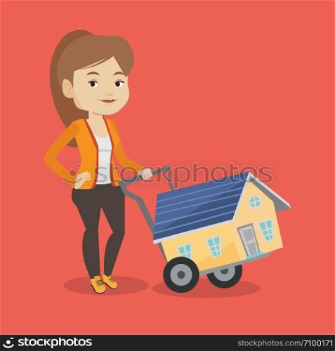 Happy caucasian woman pushing a shopping trolley with a house. Young smiling woman buying home. Woman using shopping trolley to transport a house. Vector flat design illustration. Square layout.. Young woman buying house vector illustration.