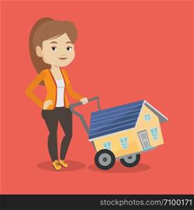 Happy caucasian woman pushing a shopping trolley with a house. Young smiling woman buying home. Woman using shopping trolley to transport a house. Vector flat design illustration. Square layout.. Young woman buying house vector illustration.