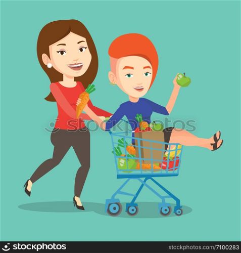 Happy caucasian woman pushing a shopping trolley with her friend. Couple of young carefree friends having fun while riding by shopping trolley. Vector flat design illustration. Square layout.. Couple of friends riding by shopping trolley.