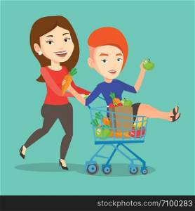 Happy caucasian woman pushing a shopping trolley with her friend. Couple of young carefree friends having fun while riding by shopping trolley. Vector flat design illustration. Square layout.. Couple of friends riding by shopping trolley.