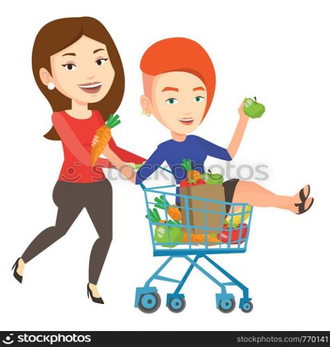 Happy caucasian woman pushing a shopping trolley with her friend. Young carefree friends having fun while riding by shopping trolley. Vector flat design illustration isolated on white background.. Couple of friends riding by shopping trolley.