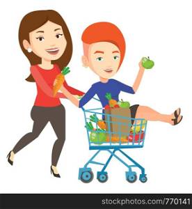 Happy caucasian woman pushing a shopping trolley with her friend. Young carefree friends having fun while riding by shopping trolley. Vector flat design illustration isolated on white background.. Couple of friends riding by shopping trolley.