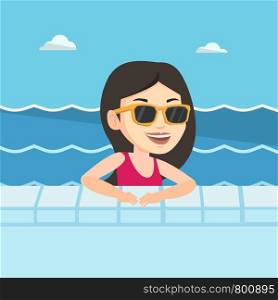 Happy caucasian woman relaxing in swimming pool at resort. Young woman bathing in swimming pool. Woman swimming and relaxing in pool on summer vacation. Vector flat design illustration. Square layout.. Smiling young woman in swimming pool.
