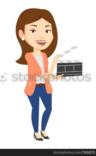 Happy caucasian woman working with a clapperboard. Smiling woman holding an open clapperboard. Woman holding blank movie clapperboard. Vector flat design illustration isolated on white background.. Smiling woman holding an open clapperboard.