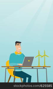 Happy caucasian worker of wind farm working on a laptop. Engineer projecting wind turbine in office. Engineer working on a model of the wind turbine. Vector flat design illustration. Vertical layout.. Man working with model of wind turbines.