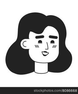 Happy caucasian young woman face monochrome flat linear character head. Smiling girl student. Editable outline hand drawn human face icon. 2D cartoon spot vector avatar illustration for animation. Happy caucasian young woman face monochrome flat linear character head