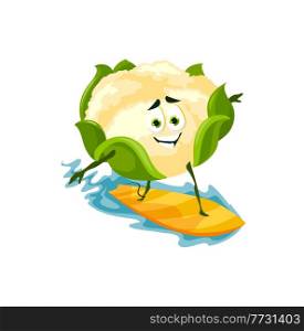 Happy cauliflower surfing in ocean or sea waves on surfboard isolated cute cartoon character. Vector kids food on holiday vacation rest, healthy veggie sport activities, fresh vegetable summer fun. Cauliflower cartoon character surfing, summer rest