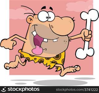 Happy Caveman Cartoon Character Running With A Big Bone