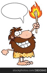 Happy Caveman Holding Up A Torch With Speech Bubble