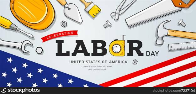 Happy celebrating labor day Construction tools banners design background, vector illustration