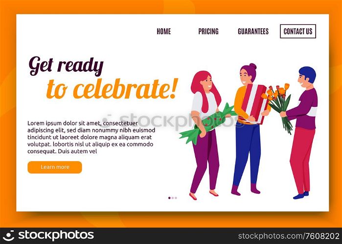 Happy celebration people background for web site landing page with human characters text and clickable links vector illustration