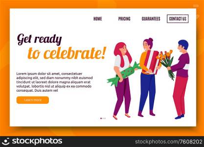 Happy celebration people background for web site landing page with human characters text and clickable links vector illustration