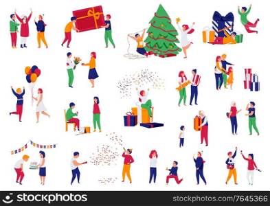 Happy celebration people recolor set of isolated human characters with gift boxes balloons confetti and flowers vector illustration