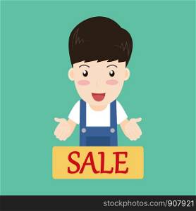 Happy character sellers presentation with sale sign - Vector illustration