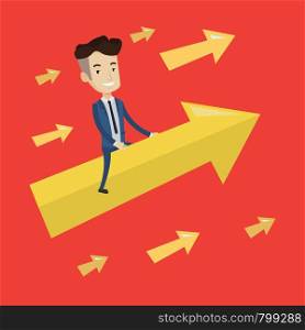 Happy cheerful businessman sitting on the arrow going up. Successful businessman flying up on arrow. Concept of moving forward for business success. Vector flat design illustration. Square layout.. Happy businessman flying to success.