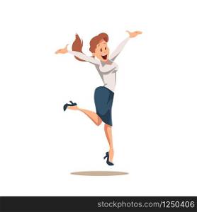 Happy Cheerful Businesswoman in Suit Jumping Up. Female Office Worker Character Wearing Formal Clothes Celebrate Success. Girl Jump with Emotion Expression. Cartoon Flat Vector Illustration. Happy Cheerful Businesswoman in Suit Jumping Up