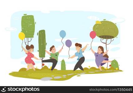 Happy Cheerful Children Walking in City Park. Smiling Girls and Boys Holding Balloons Jumping on Urban Garden Background with Green Trees at Summer Time Vacation. Cartoon Flat Vector Illustration. Happy Cheerful Children Walking in City Park.