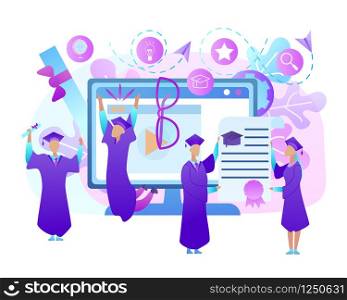 Happy Cheerful Young People Dressed in Mantle and Academical Cap Holding Diploma Celebrate Graduation on Huge Monitor and Educational Icons Background. Blue and Pink Palette. Flat Vector Illustration.. Happy Young People in Gown Celebrate Graduation