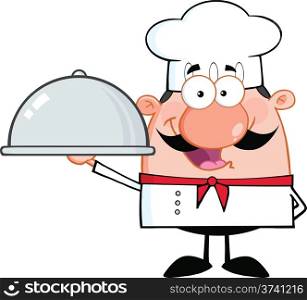 Happy Chef Cartoon Character Holding A Platter