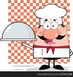 Happy Chef Character Holding A Platter