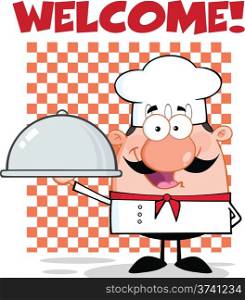 Happy Chef Character Holding A Platter With Text