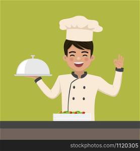 Happy chef man holding a platter. Flat vector illustration