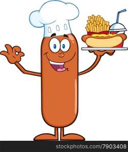 Happy Chef Sausage Cartoon Character Carrying A Hot Dog, French Fries And Cola