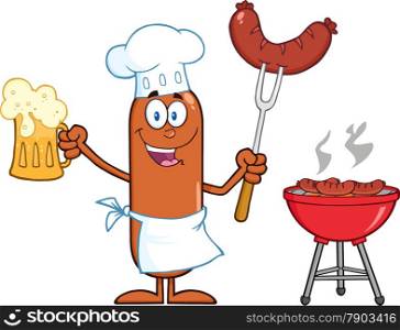 Happy Chef Sausage Cartoon Character Holding A Beer And Weenie Next To BBQ