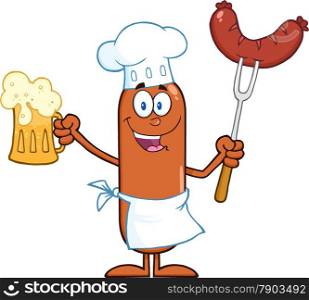 Happy Chef Sausage Cartoon Character Holding A Beer And Weenie On A Fork.